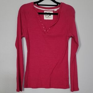 Y2K LEI Women’s Long Sleeve Thermal Top Size XL Pink Lace V-Neck Bella Swan
